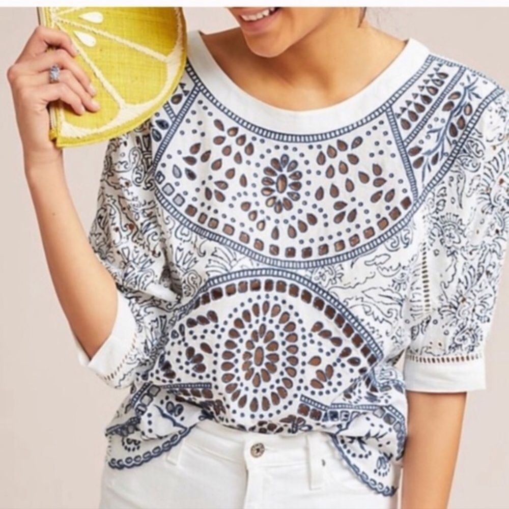 Anthropologie Maeve Ester NWT White/Blue Eyelet Top‎ Sz XS